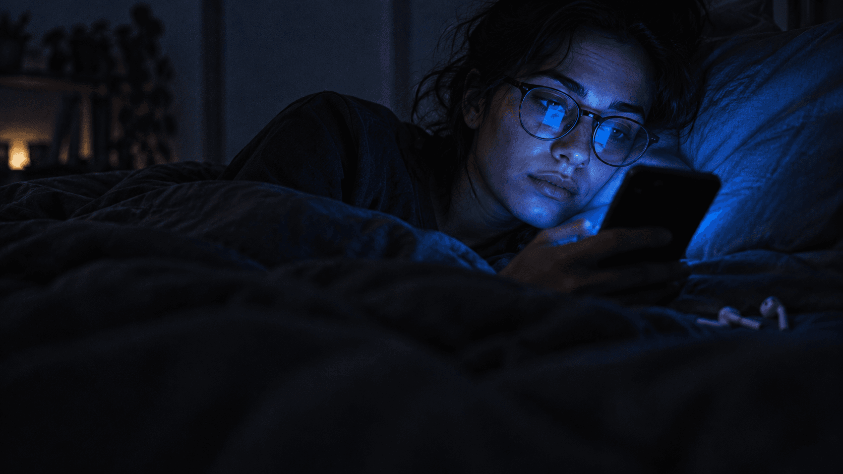 A woman in glasses scrolling her phone in bed at night